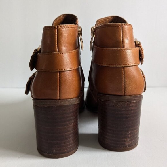 Franco Sarto Tan Camel Leather Double Gold Buckle Stacked Heel Booties - Picture 5 of 7